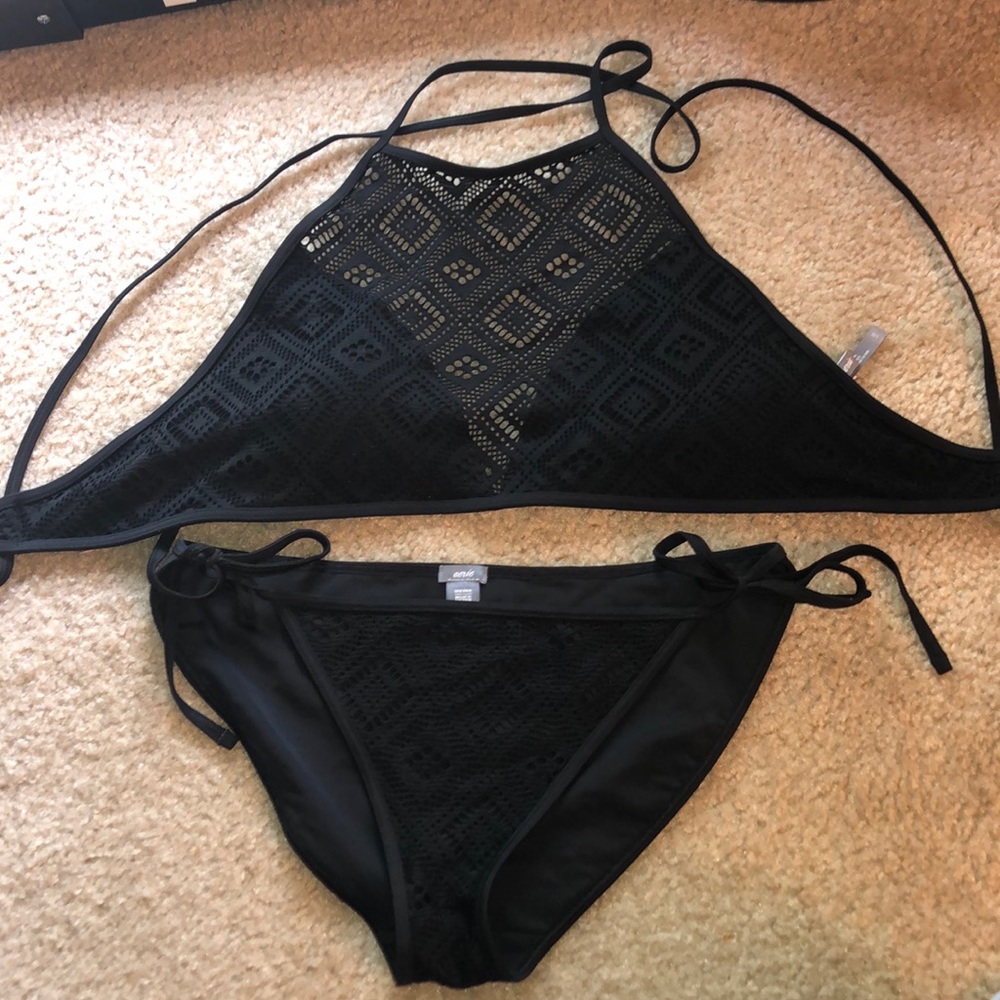 ae black lace high neck swim